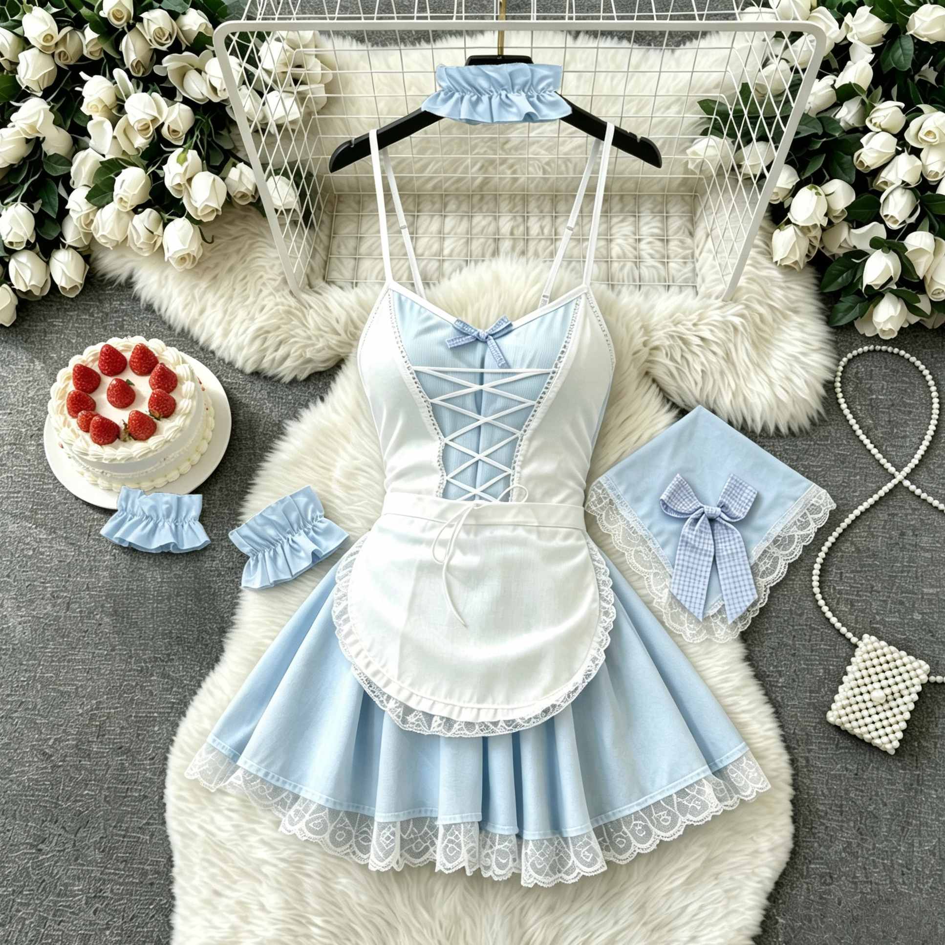 Headband Summer Knit - Women's Blue and White Maid Costume